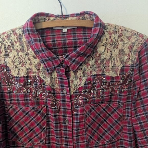 Miss Me Plaid Rhinestone Cross Lace Button Shirt Boho Bling Western Rodeo - Picture 6 of 9